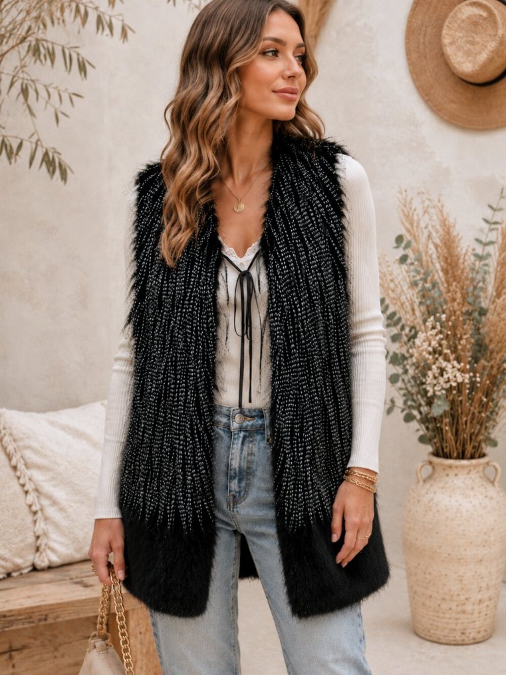 Nostalgia Brand Black Gray Shaggy Faux Fur Vest, Boho Luxe Longline Statement - Picture 2 of 6